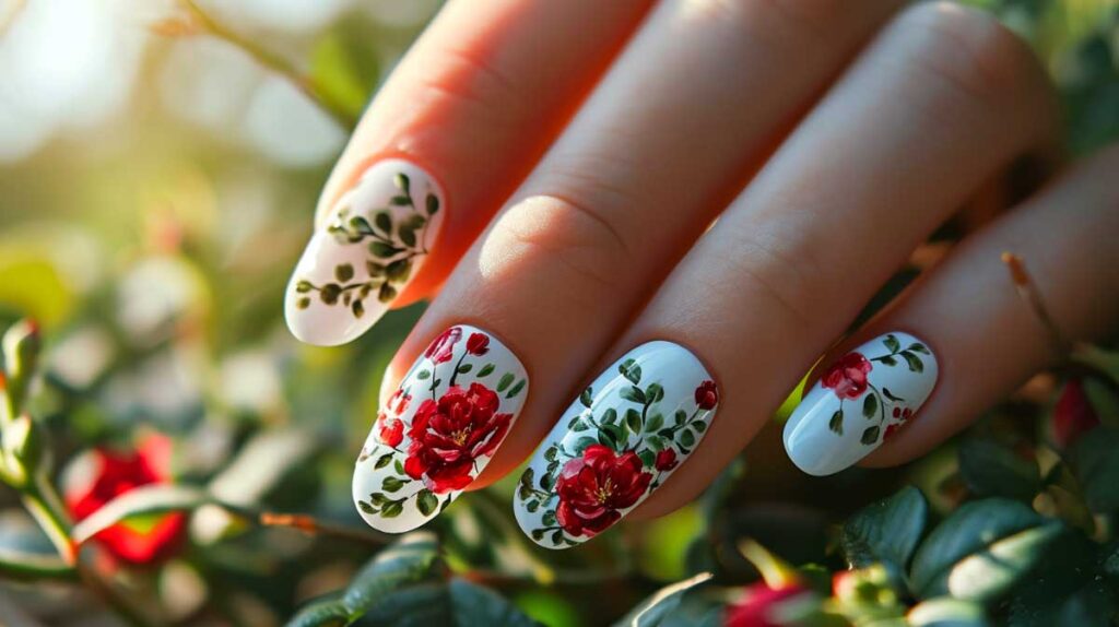 Floral nail art with red roses and green leaves on white polish, perfect for Mother's Day.