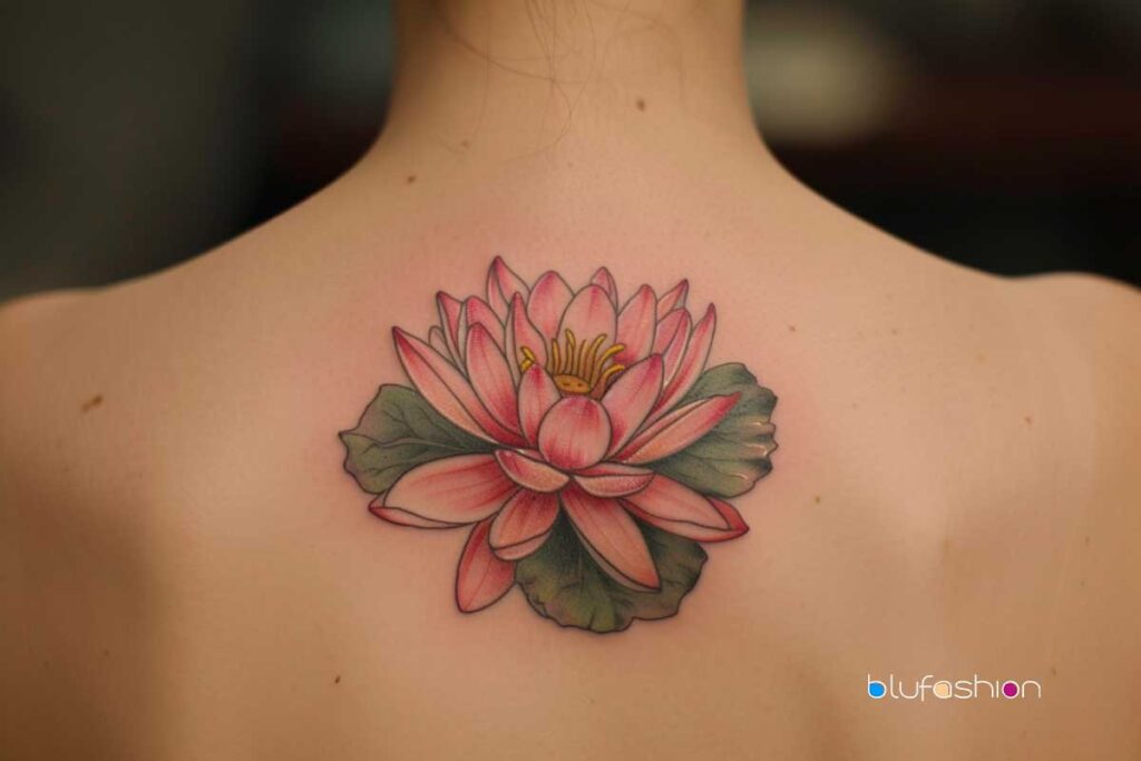 Detailed pink water lily back tattoo with green leaves.