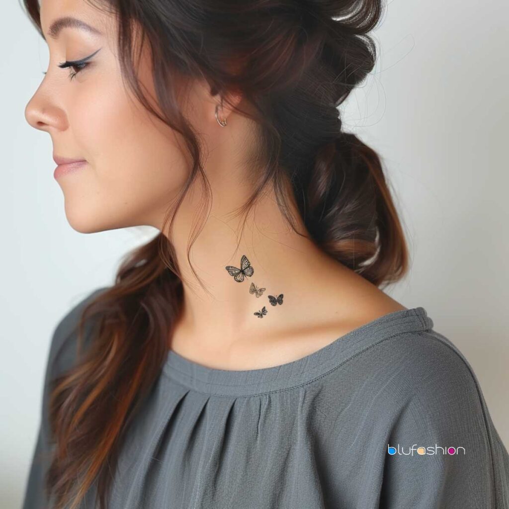 Elegant small cascade of butterflies tattoo on woman's neck, side profile view.