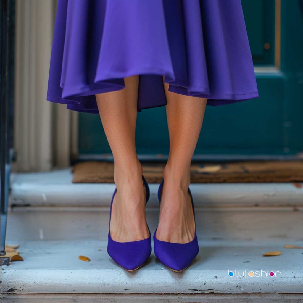 Elegant monochrome style with deep purple dress and matching navy blue heels for a sophisticated look.