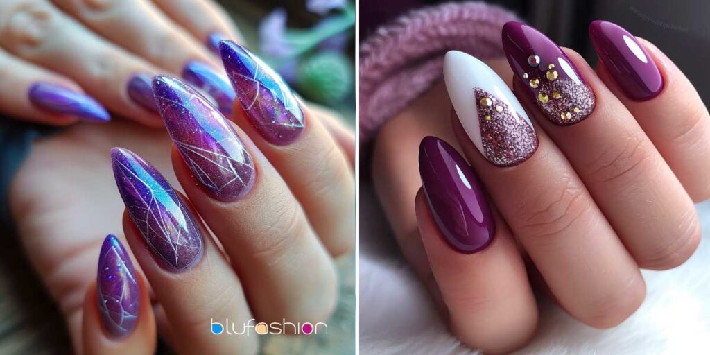 Two hands displaying purple nail art, one with galaxy design, the other with eggplant shade and glitter accents.