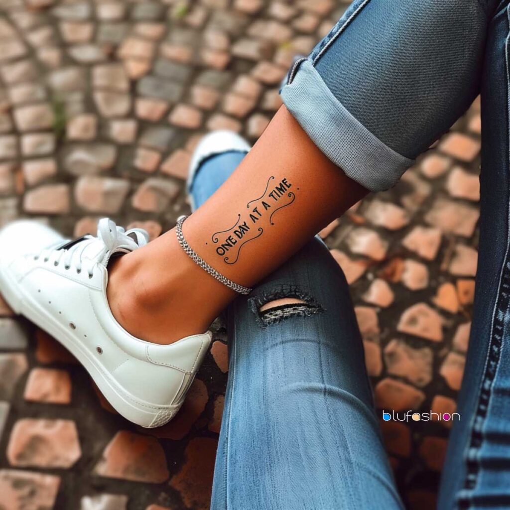 Stylish 'One Day at a Time' ink script tattoo on a casual dressed woman's calf with white sneakers.