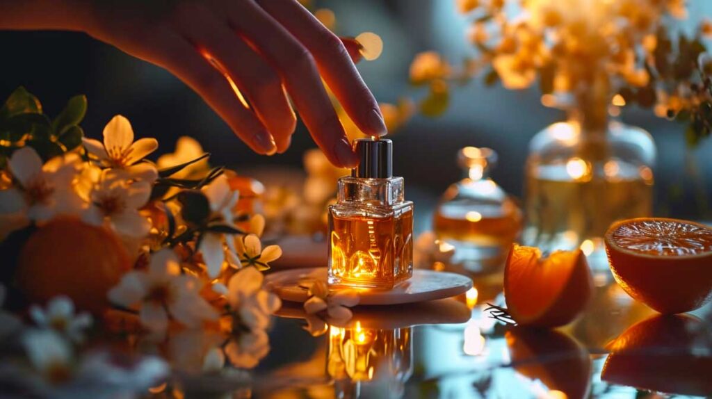 Hand applying Onyx Cuticle Oil from a glass bottle among neroli flowers and blood orange slices.