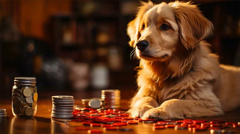 A dog laying on a table next to a jar of coins, with a confused expression on its face.