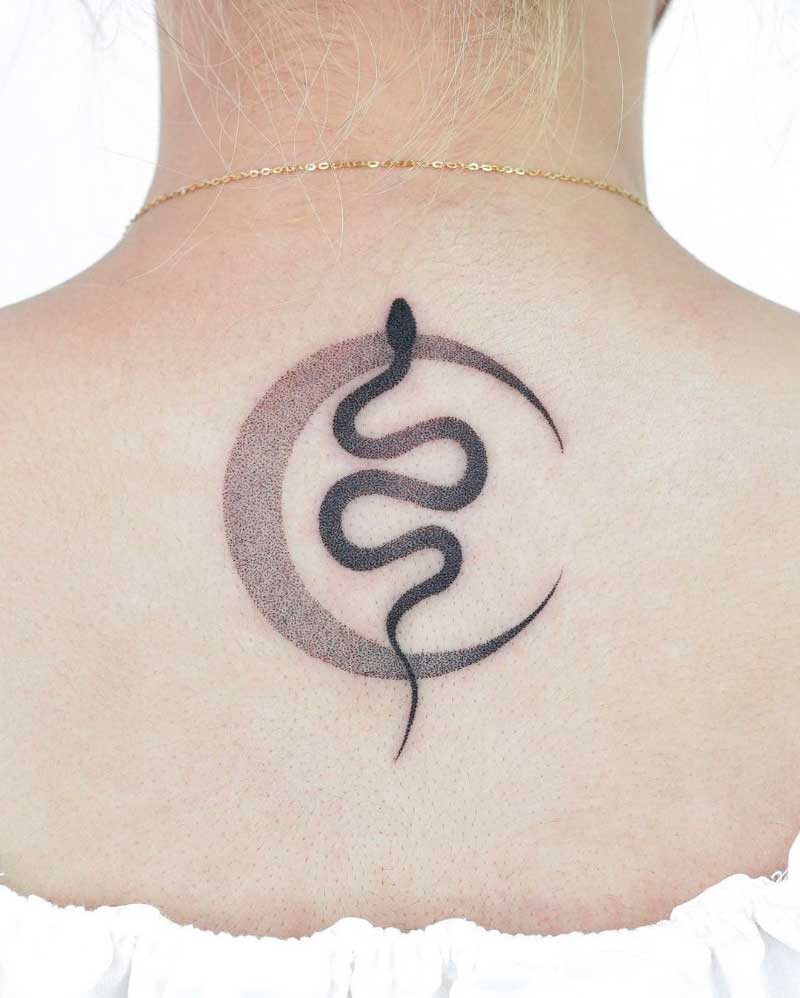 Abstract unalome tattoo with serpentine design on the nape, symbolizing life path and spiritual journey.