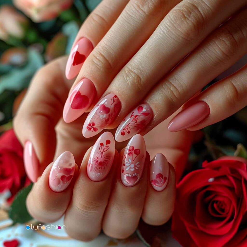 Artistic pink nail designs with heart patterns complemented by red roses.