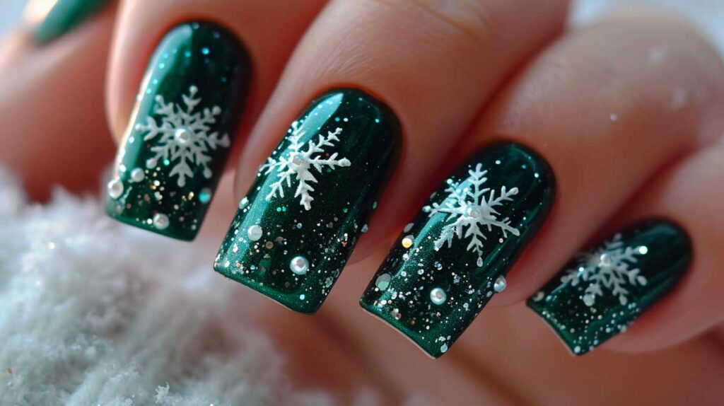 Sparkling dark green Christmas nails with white snowflake accents for the holidays.