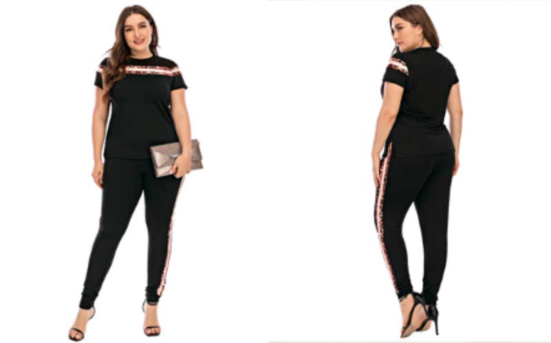 Plus Size Activewear Set Casual Leopard Print Shirts Side Stripe Pants Outfits Tracksuits