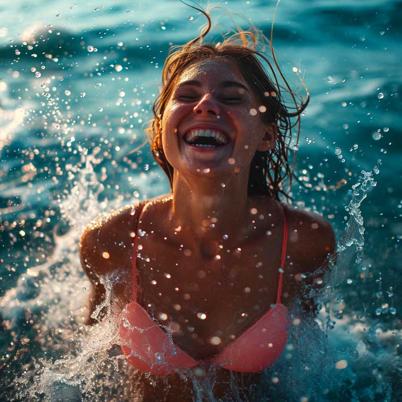 Exuberant woman in coral bikini enjoying refreshing ocean water splashes.