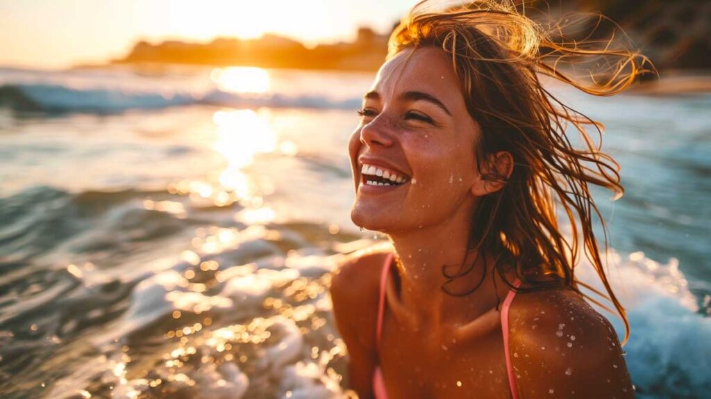 Radiant woman laughing in pink bikini, soaked by sea spray at golden hour.