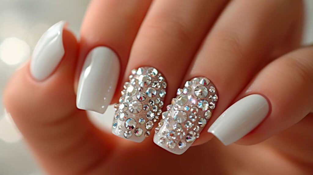 Hand with glossy white nail polish and rhinestone-encrusted accent nails for luxury manicure.