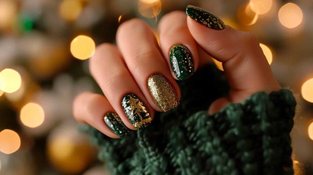 Chic green Christmas nails with golden glitter and festive tree accents.