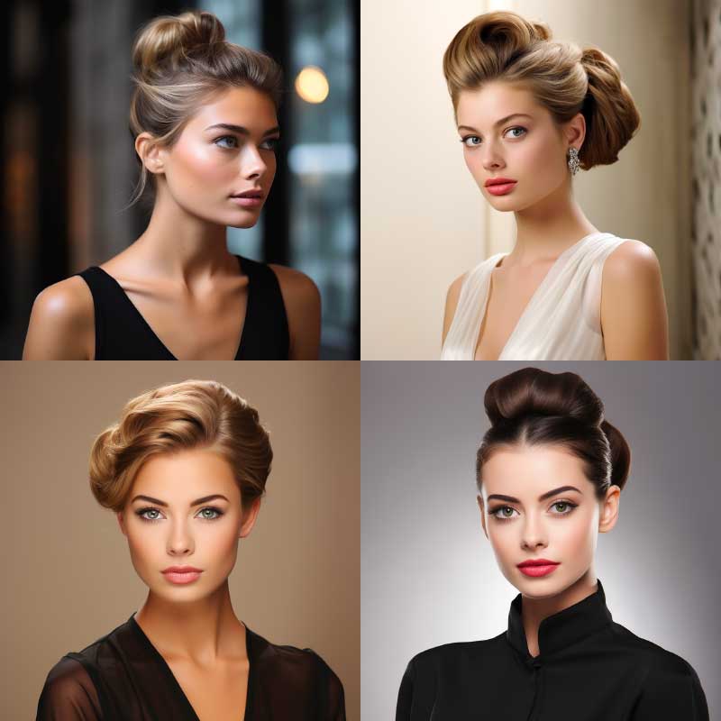 Variety of elegant updos for round faces, featuring sleek top knots and soft volumes.