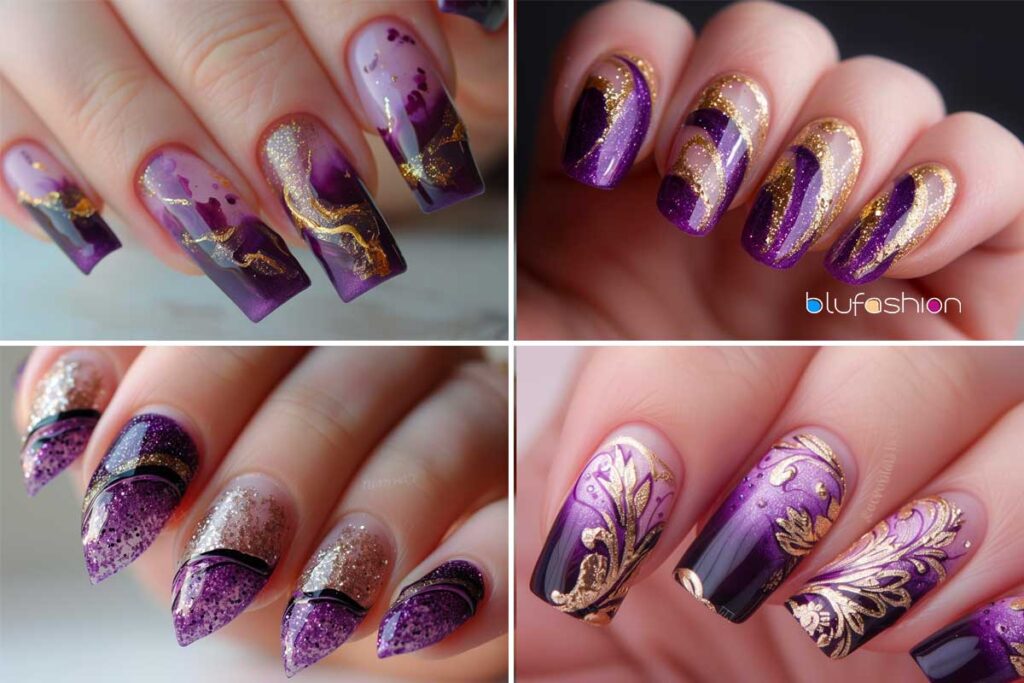 Stylish purple and gold nail art designs with glitter accents and floral patterns.