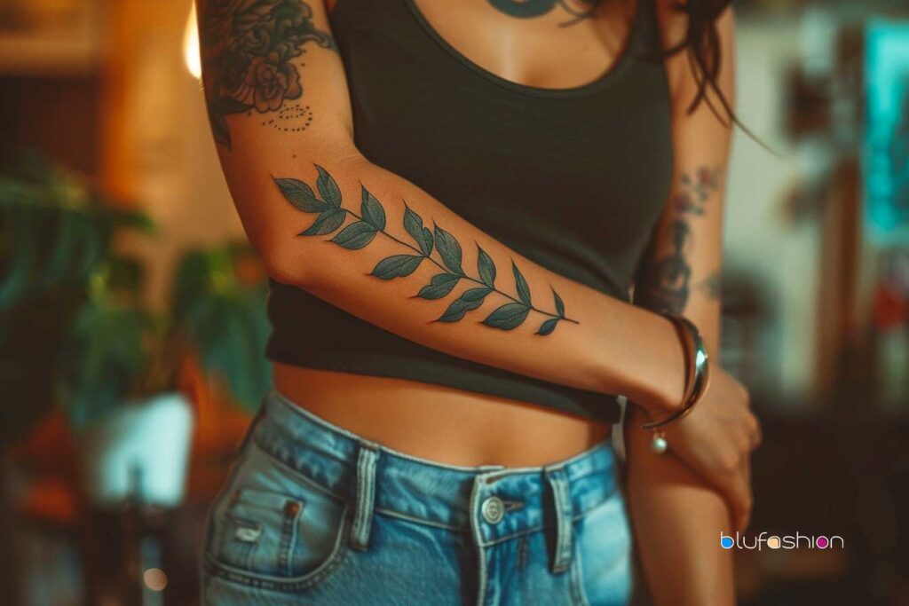 Elegant black leafy branch tattoo on a woman's upper arm, symbolizing growth and recovery.