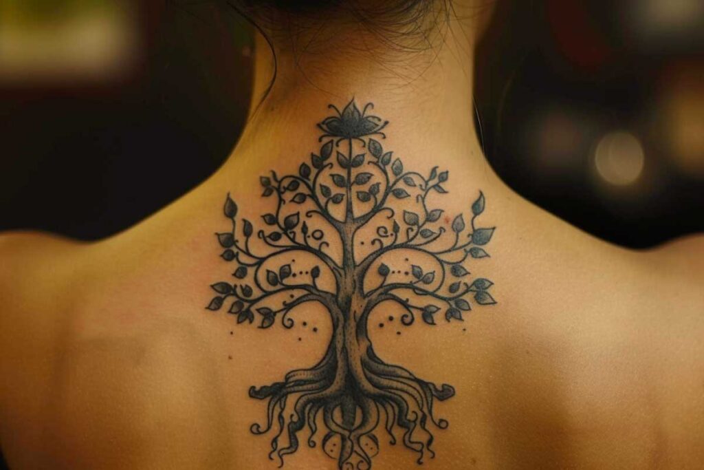 Intricate tree of life tattoo centered on the upper back, symbolizing growth and connection.