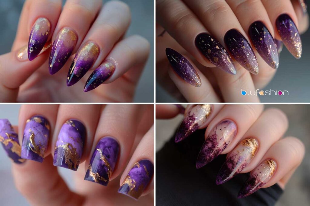  Assorted purple and gold nail art designs, including marble and glitter.