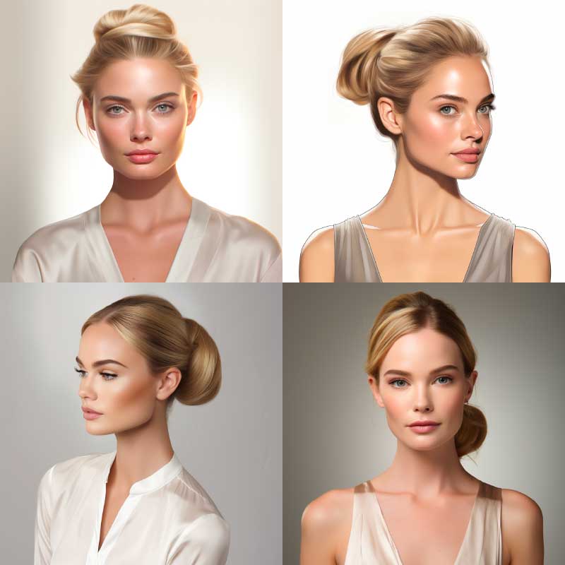 Elegant woman with a relaxed low bun hairstyle in various chic outfits, ideal for round faces.