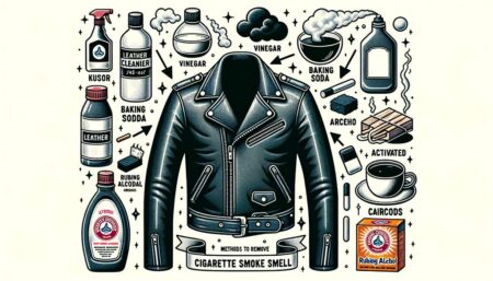 A black and white illustration of a leather jacket with methods to remove cigarette smoke smell.