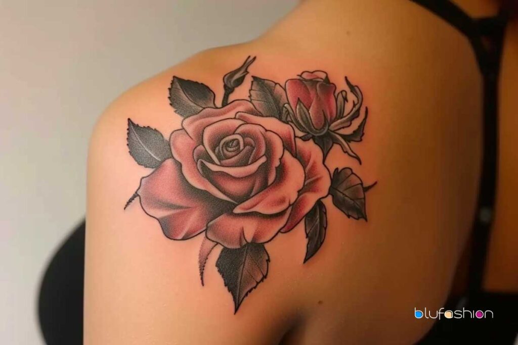 Beautifully shaded pink rose tattoo on the shoulder with intricate black leaves detail.