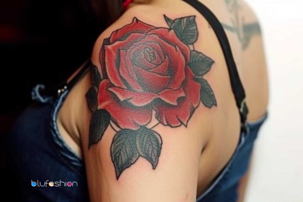 Lush red rose tattoo on upper arm with deep green leaves against a denim strap backdrop.