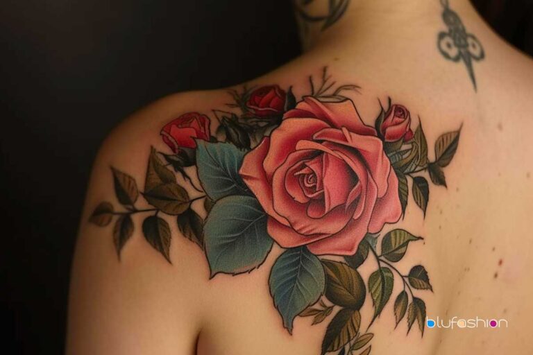 Rose Tattoos on the Shoulder: Vibrant red rose shoulder tattoo with lush green leaves on a soft skin backdrop, inked in fine detail.