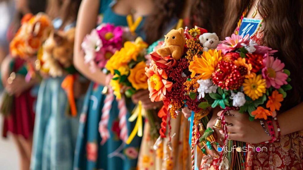 Row of high school seniors holding colorful senior homecoming mums with ribbons and plush toys.