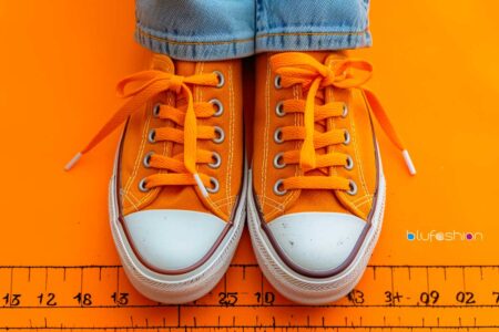 Shoe Size Conversion: Bright orange sneakers with white laces on orange background, measuring shoe size.