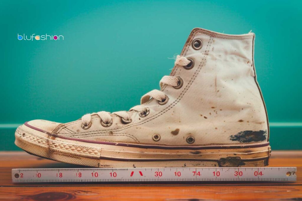 Worn high-top canvas sneaker next to a ruler on teal background for size guide.