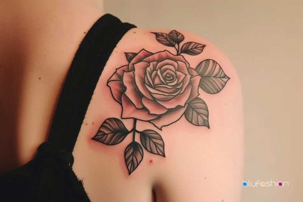 Stunning rose shoulder tattoo with pink hues and detailed black leaves on fair skin.