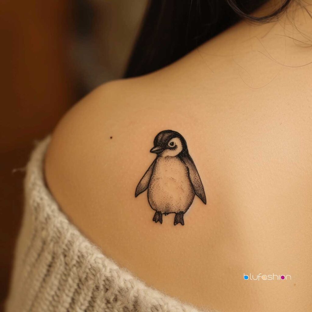 Adorable penguin tattoo on the upper arm, showcasing a charming waddle.