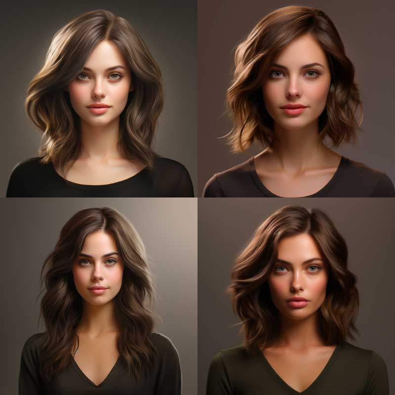 Collage of a woman with wavy, side-parted hair in various poses, showcasing modern hairstyles.