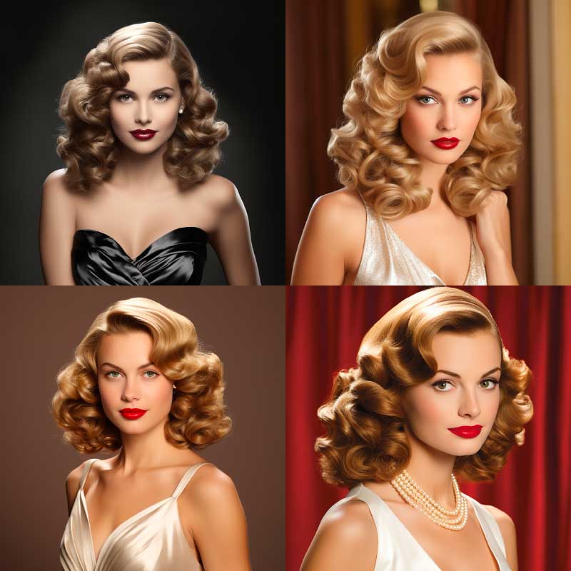 Vintage Hollywood glamour portraits of a woman with classic side-parted hairstyle, red lipstick, and elegant attire.