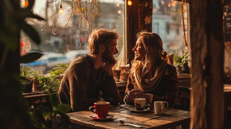 Man and woman enjoying a friendly chat over coffee in a cozy cafe setting.