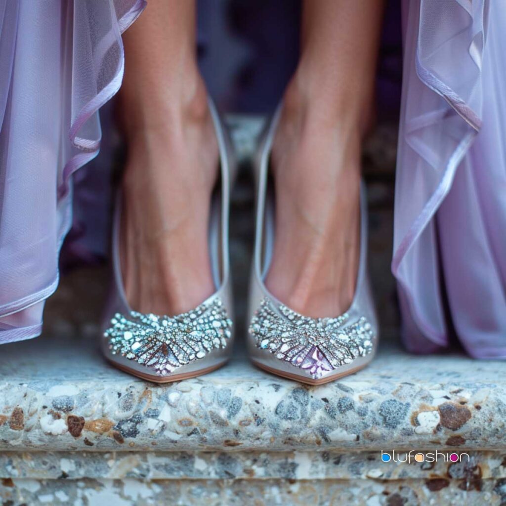 Glittering silver pumps with intricate bejeweled patterns, paired with a flowing lavender dress for an elegant look.