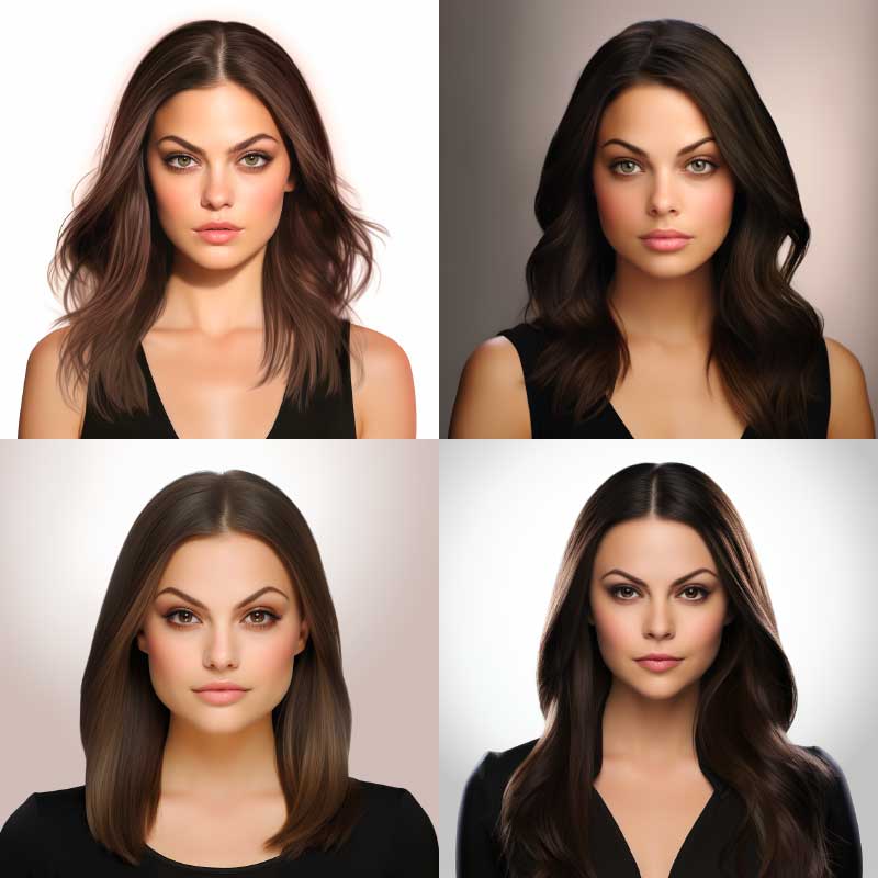 Variety of sleek, middle-parted hairstyles suitable for round faces on a woman in black attire.