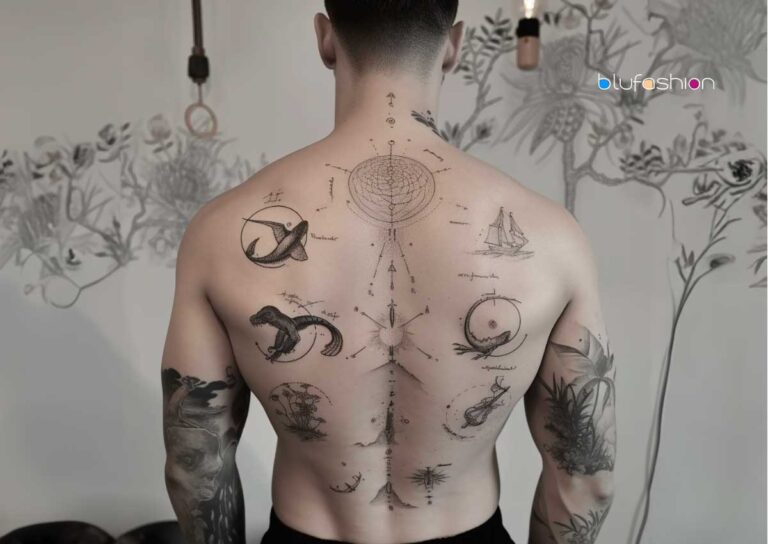 Man's back adorned with a symmetrical arrangement of nautical and zodiac-inspired tattoos, creating a harmonious blend of celestial and marine symbolism.