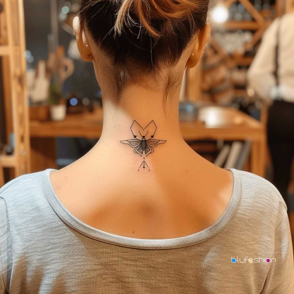 Minimalist geometric butterfly neck tattoo with linear design.