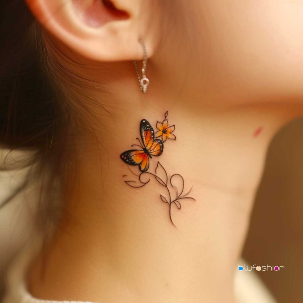 Delicate realistic butterfly and flower neck tattoo in vibrant colors.