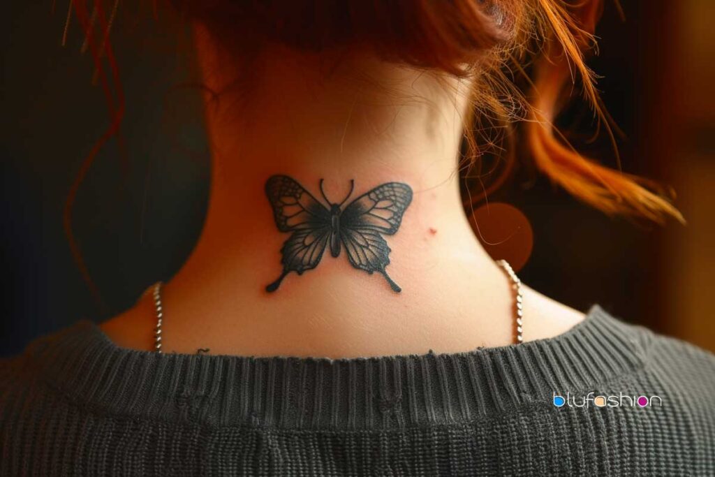 Intricate black ink butterfly tattoo on the back of a woman's neck.