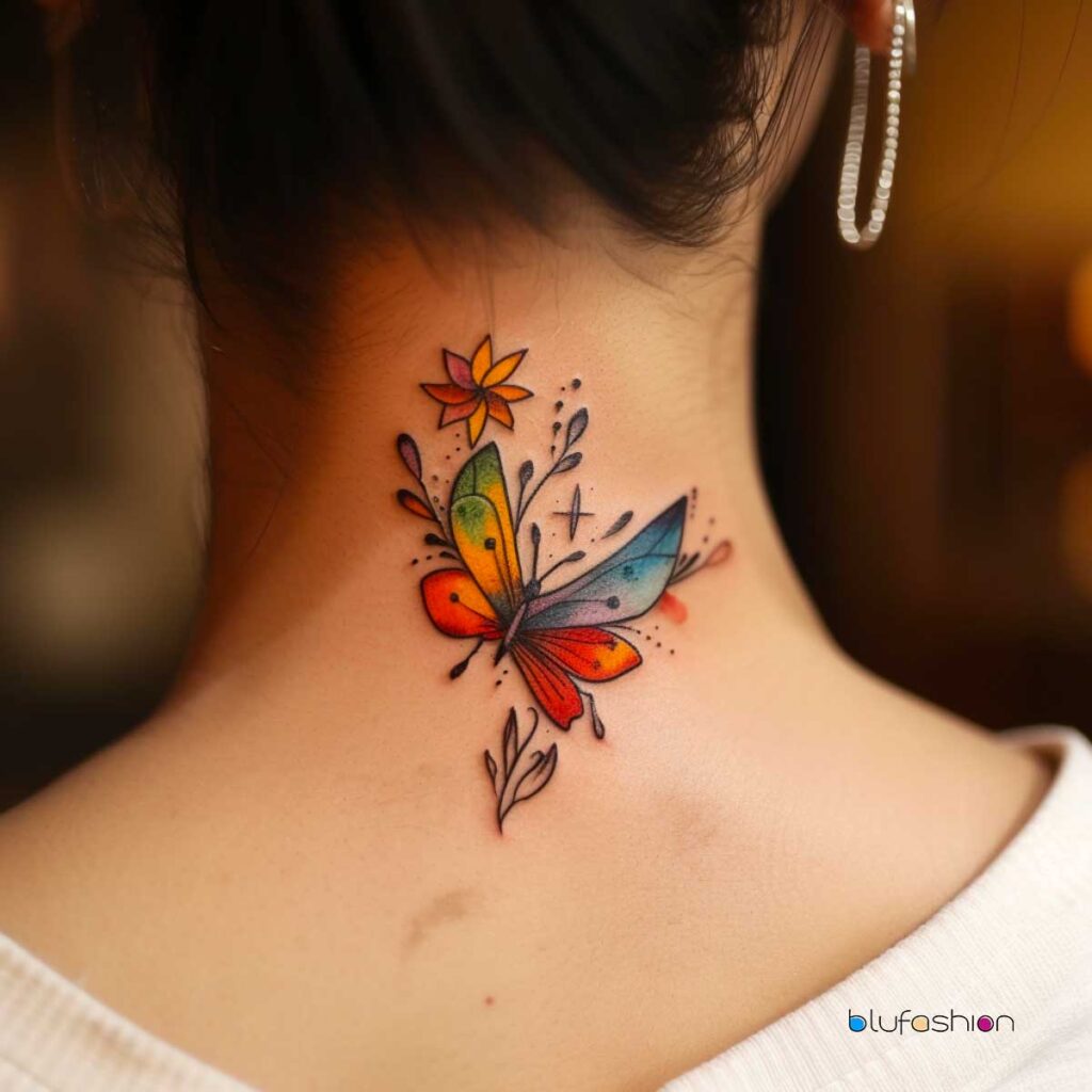 Colorful watercolor butterfly with flowers tattoo on the neck.