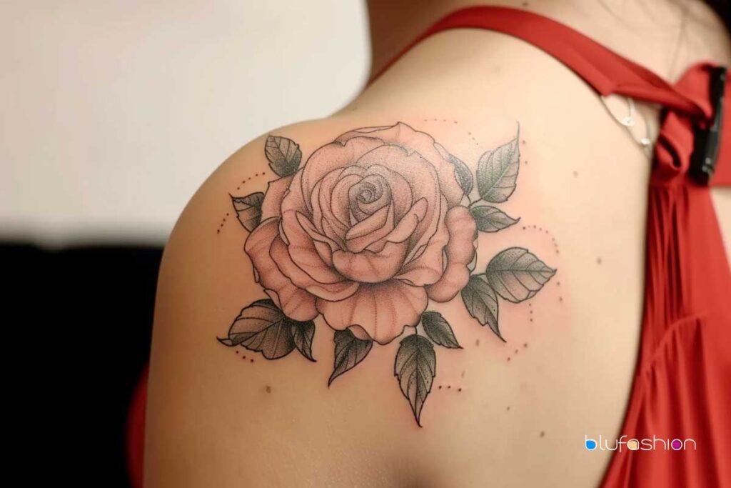 Delicate pink rose tattoo with shaded leaves on shoulder, paired with a red dress strap.