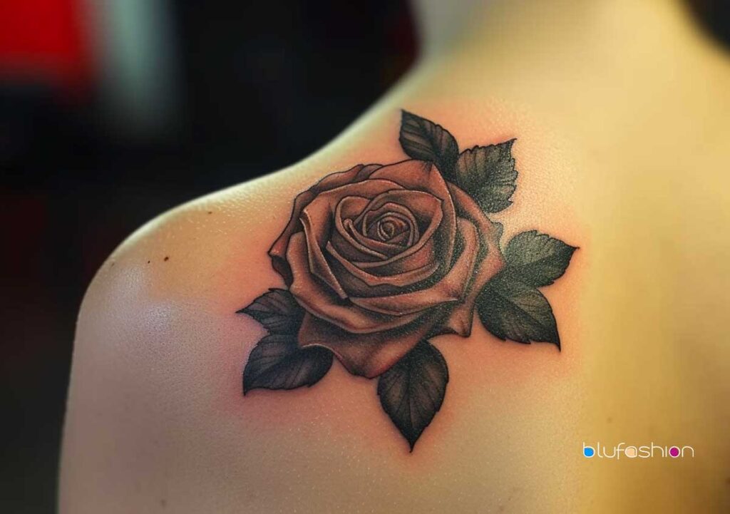 Single large rose tattoo with deep pink petals and shaded leaves on a smooth shoulder.