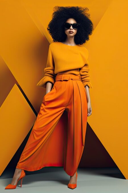 A vibrant fashion model wearing a monochromatic outfit in the perfect shade of orange