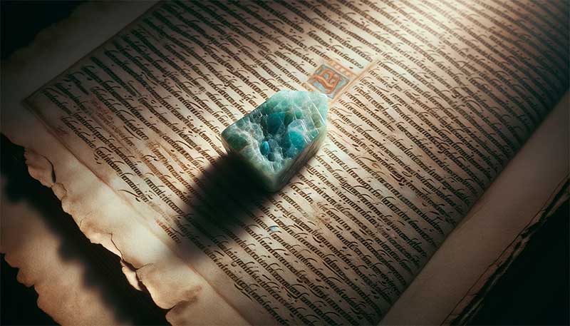 Amazonite Stone on top of open book, representing the foundation of knowledge.