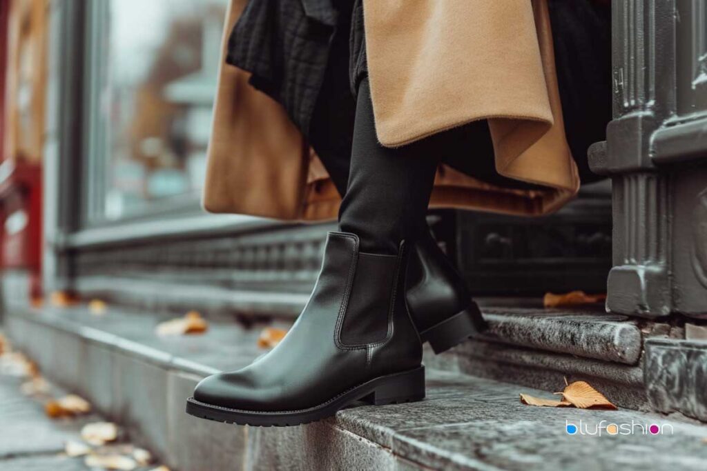 Close-up of woman's feet in stylish black Chelsea boots, paired with a camel coat on a city street with fallen leaves.