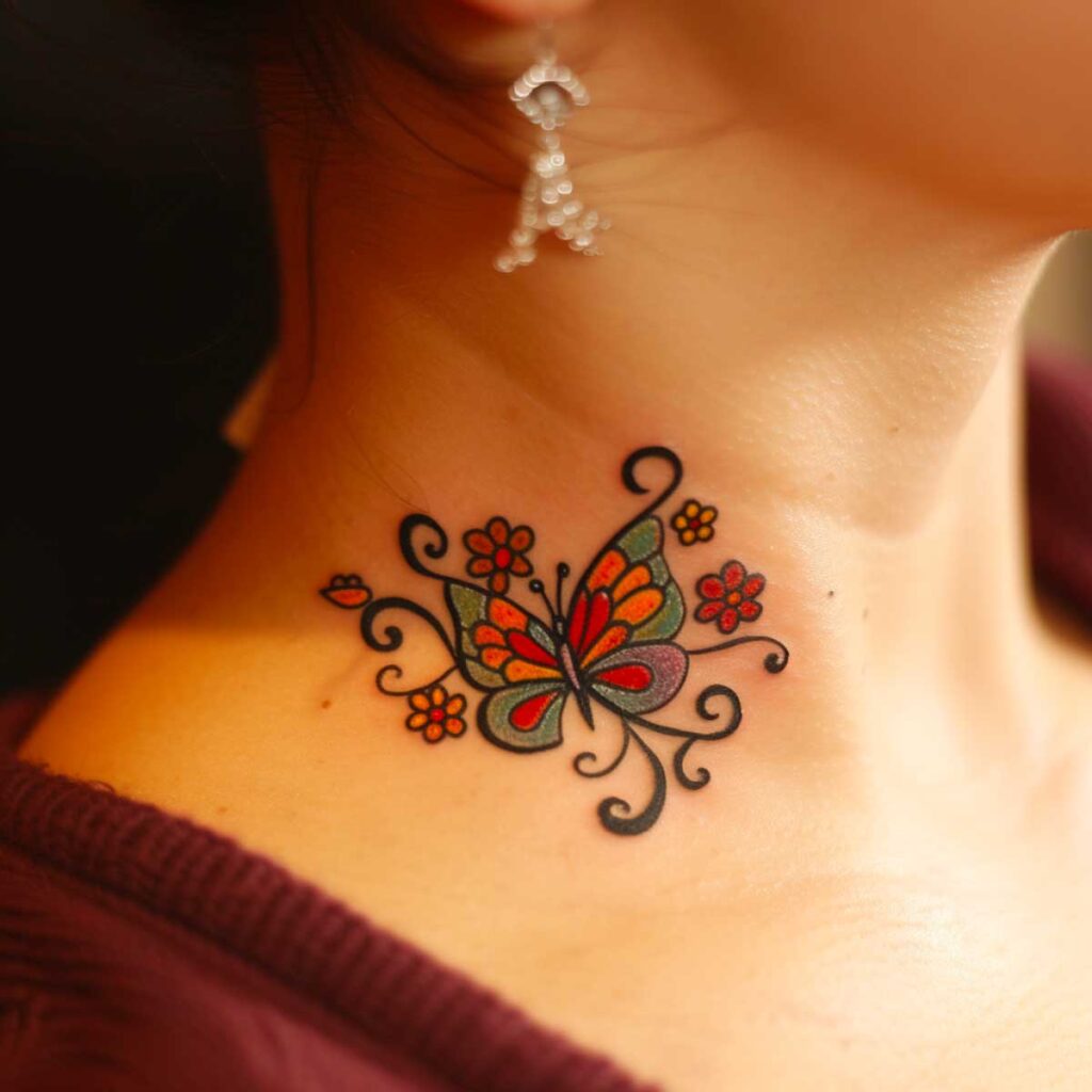 Colorful butterfly tattoo with floral accents on woman's neck, showcasing artistic detail.