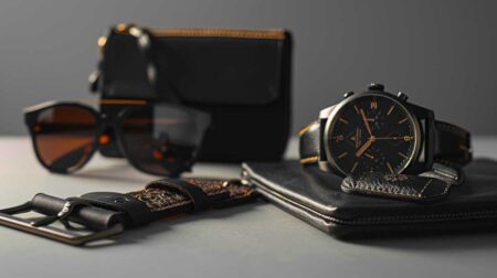 Men's fashion accessories set with a leather wallet, belt, watch, and sunglasses on gray background.