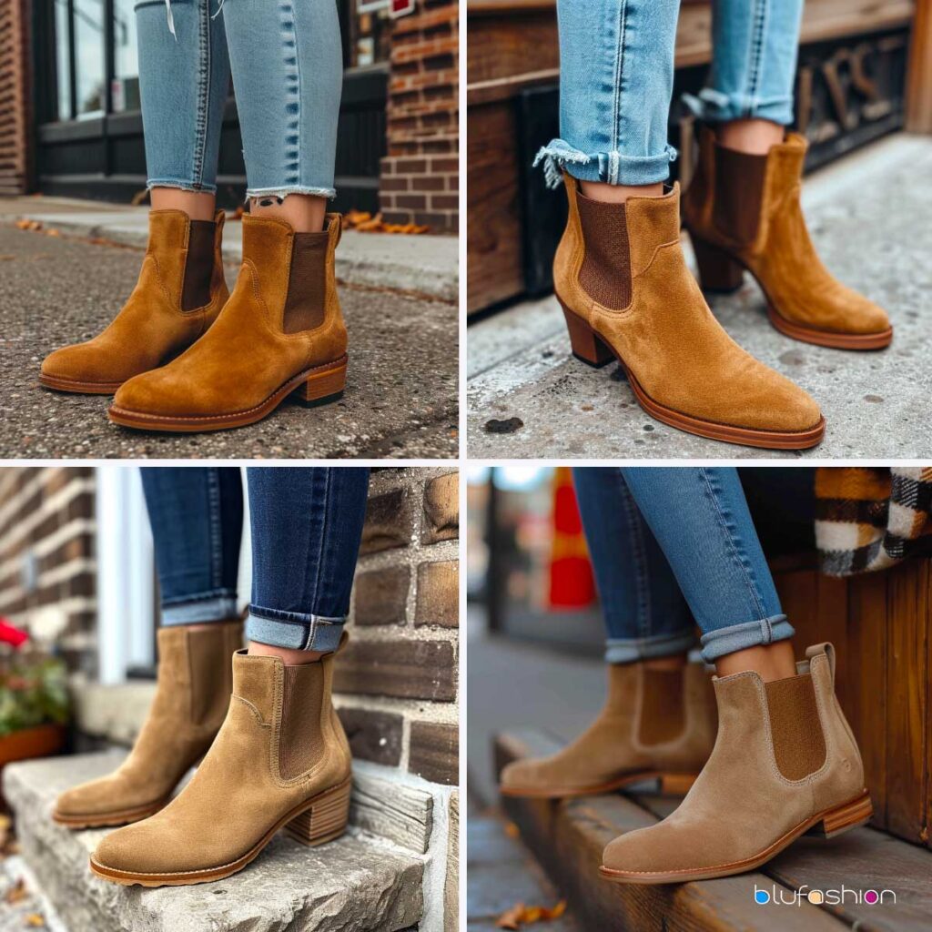 Four-view collage of tan Chelsea boots paired with cuffed blue jeans for a casual, chic look on city sidewalks.