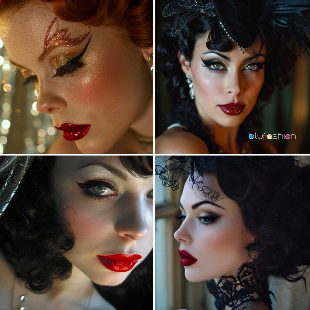 Quartet of classic burlesque beauty looks featuring dramatic eyeliner, red lips, and vintage hairstyles.